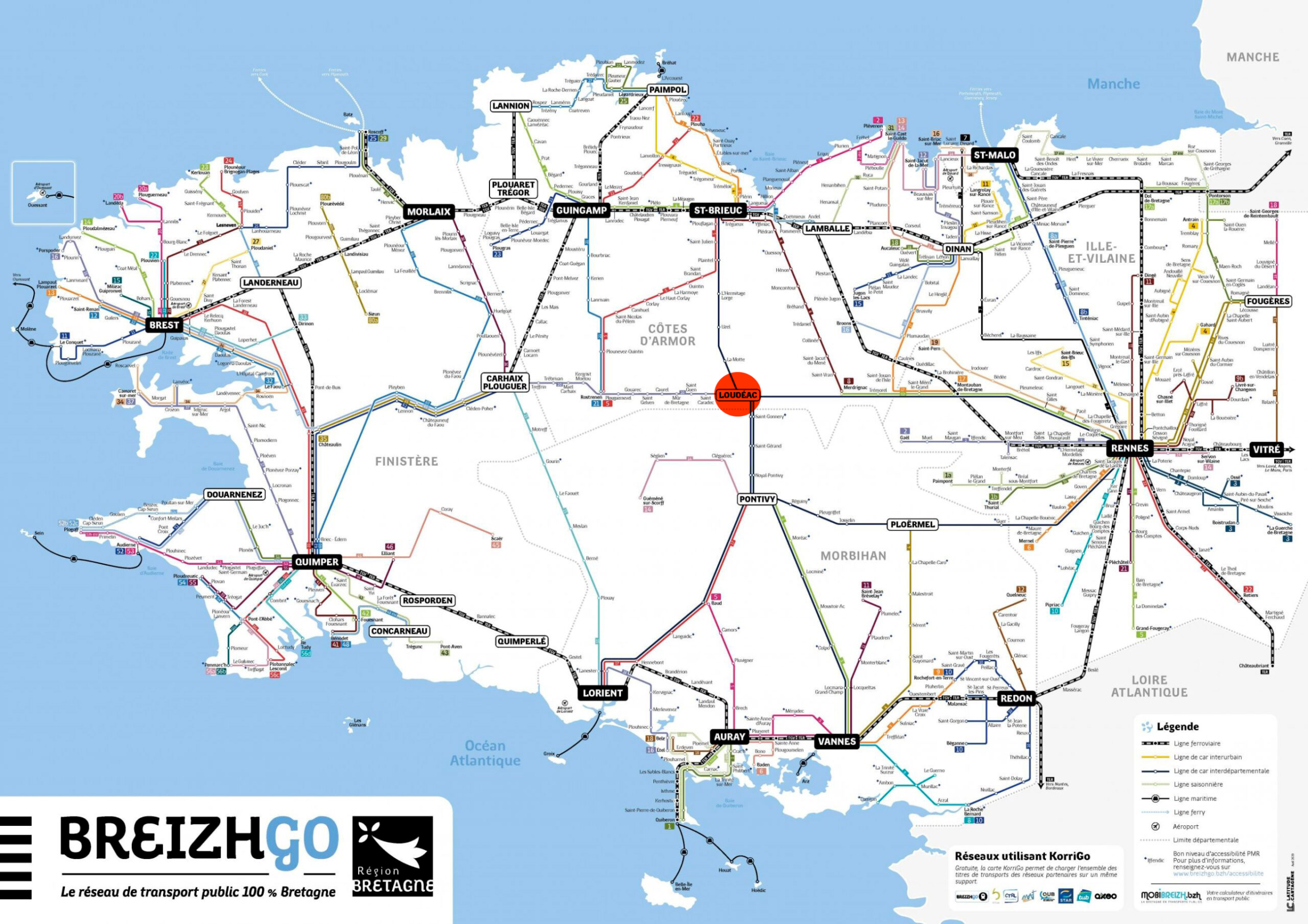 Carte du réseau de cars BreizhGo desservant Loudéac